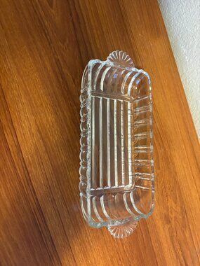 Vintage Anchor Hocking Ribbed Glass Relish Dish Fan Handles A560
